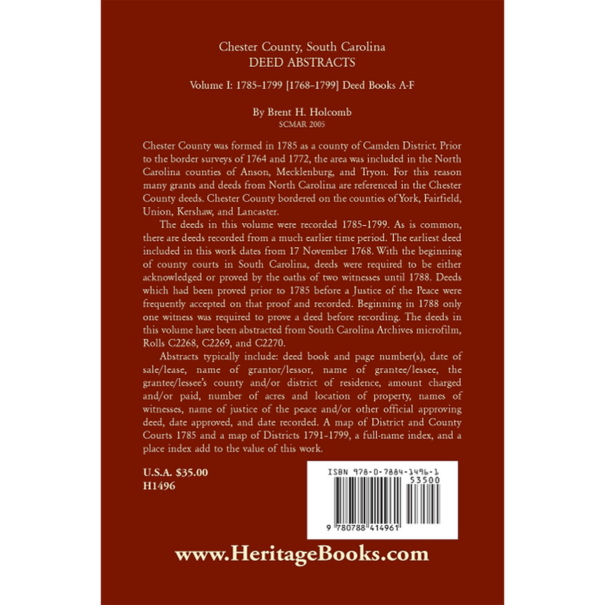 Chester County, South Carolina, Deed Abstracts, Volume I: 1785-1799 [1768-1799] Deed Book A-F back cover