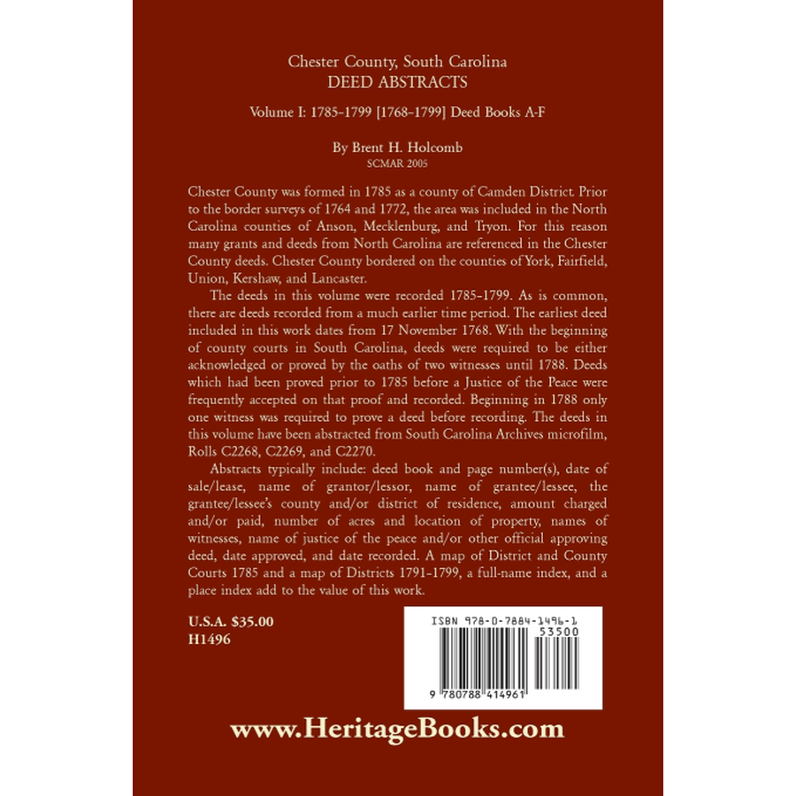 Chester County, South Carolina, Deed Abstracts, Volume I: 1785-1799 [1768-1799] Deed Book A-F back cover