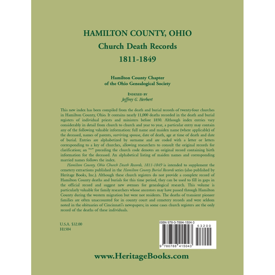 back cover of Hamilton County, Ohio Church Death Records, 1811-1849