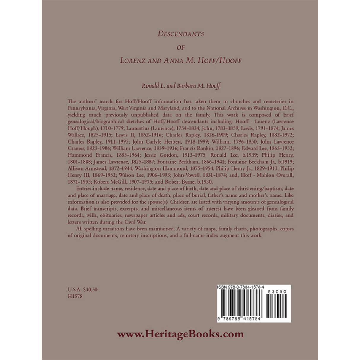 Descendants of Lorenz and Anna M. Hoff/Hooff back cover