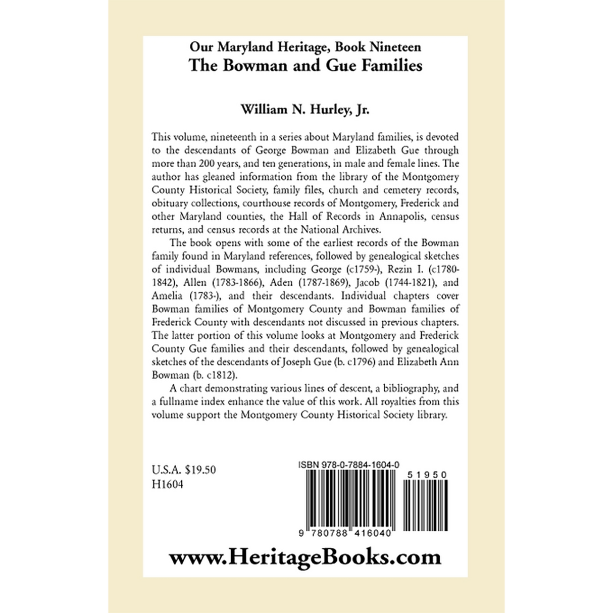 Our Maryland Heritage, Book 19: The Bowman and Gue Families back cover