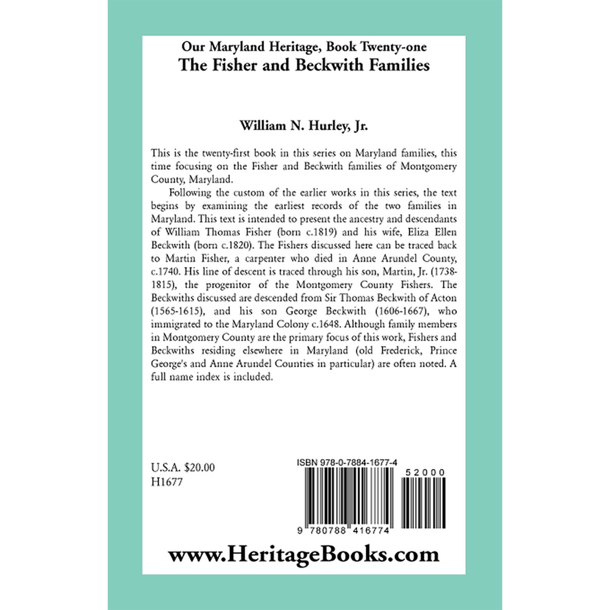 Our Maryland Heritage, Book 21: The Fisher and Beckwith Families back cover
