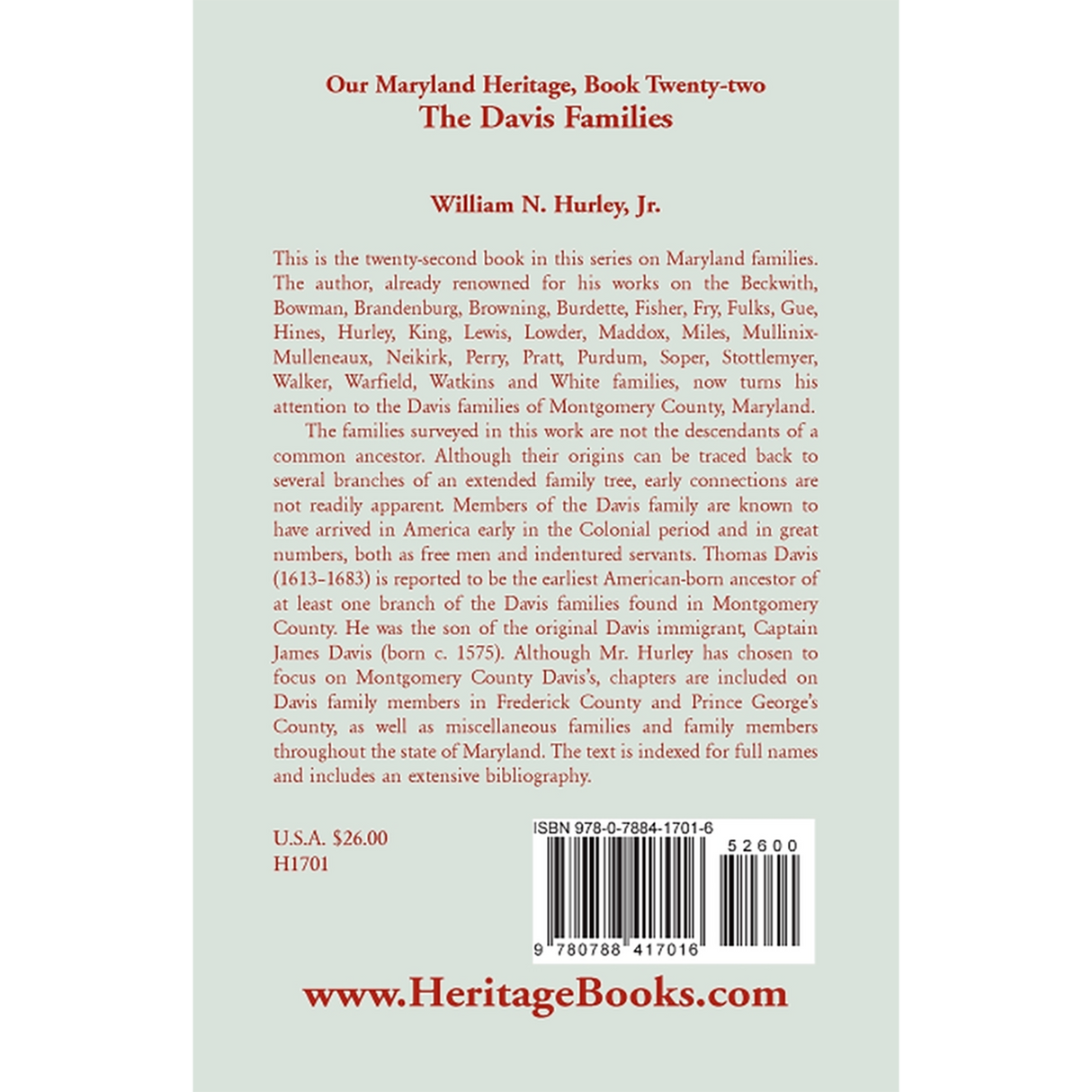 Our Maryland Heritage, Book 22: The Davis Families back cover
