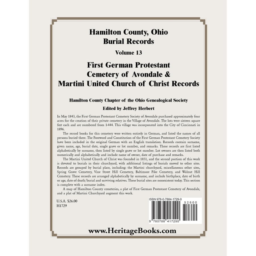 back cover of Hamilton County, Ohio Burial Records, Volume 13: First German Protestant Cemetery of Avondale and Martini United Church of Christ Records