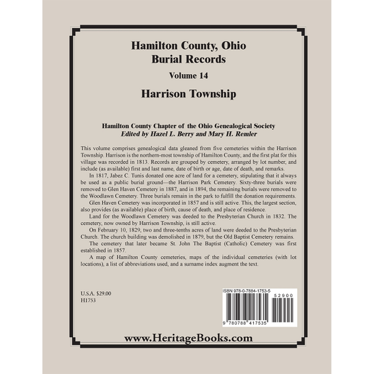 Hamilton County, Ohio Burial Records, Volume 14: Harrison Township back cover