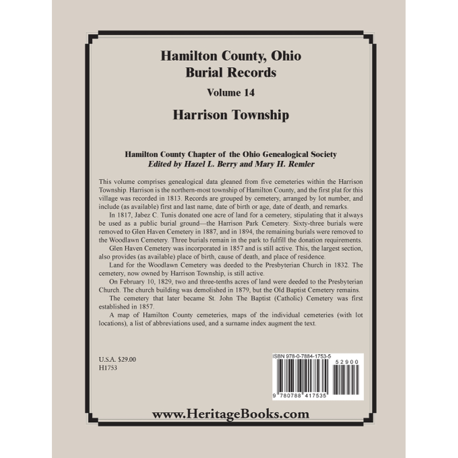 back cover of Hamilton County, Ohio Burial Records, Volume 14: Harrison Township