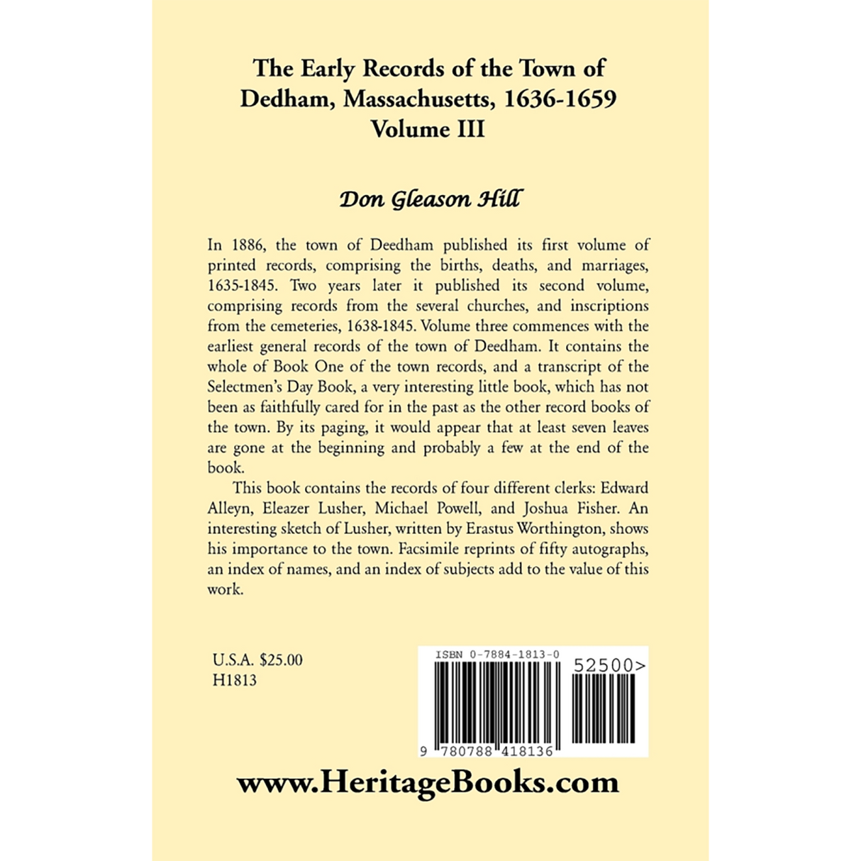 The Early Records of the Town of Dedham, Massachusetts, Volume III, 1636-1659 back cover