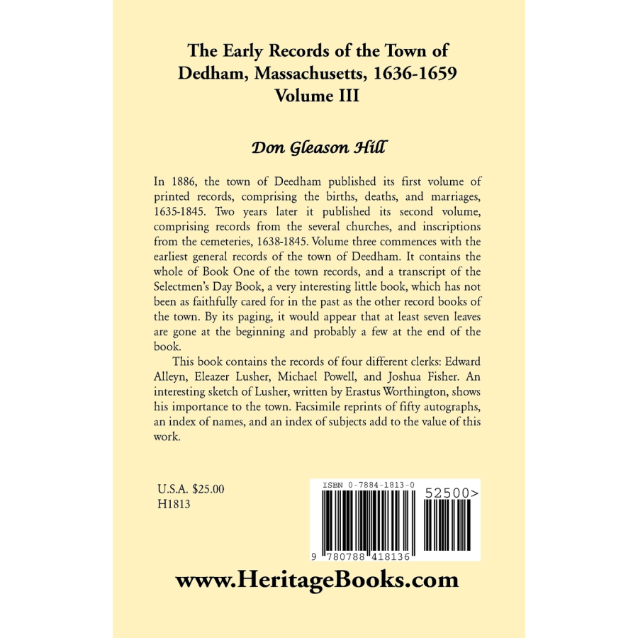 The Early Records of the Town of Dedham, Massachusetts, Volume III, 1636-1659 back cover