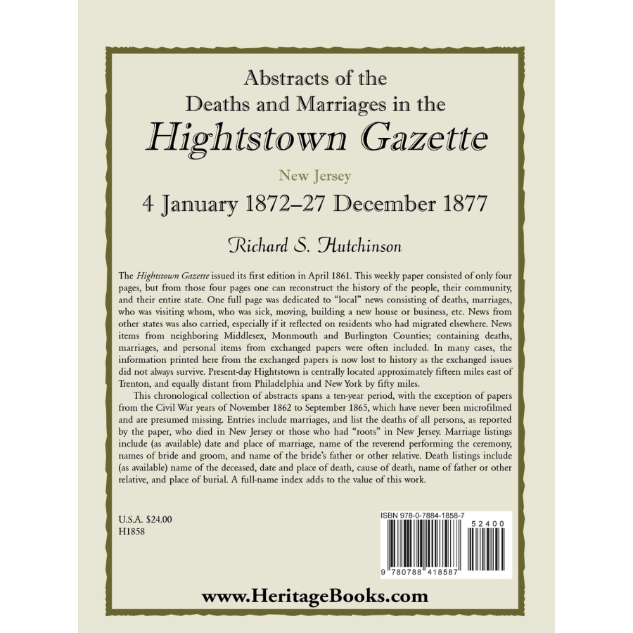 Abstracts of the Deaths and Marriages in the Hightstown Gazette, 4 January 1872-27 December 1877 back cover