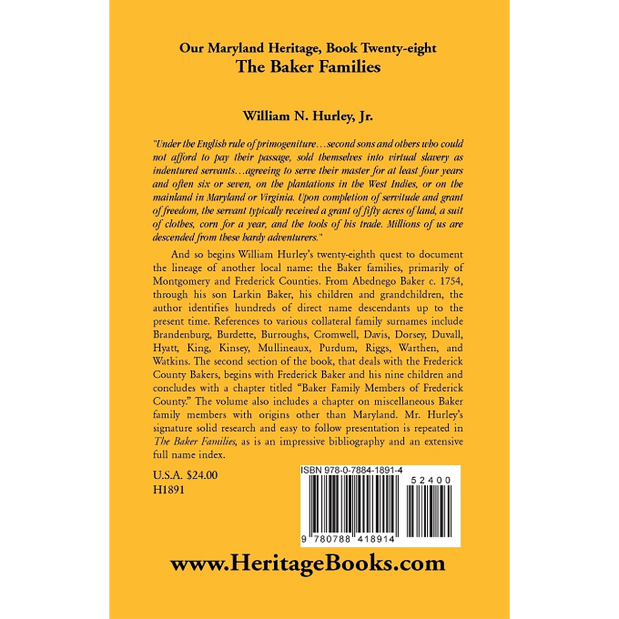 Our Maryland Heritage, Book 28: The Baker Families back cover