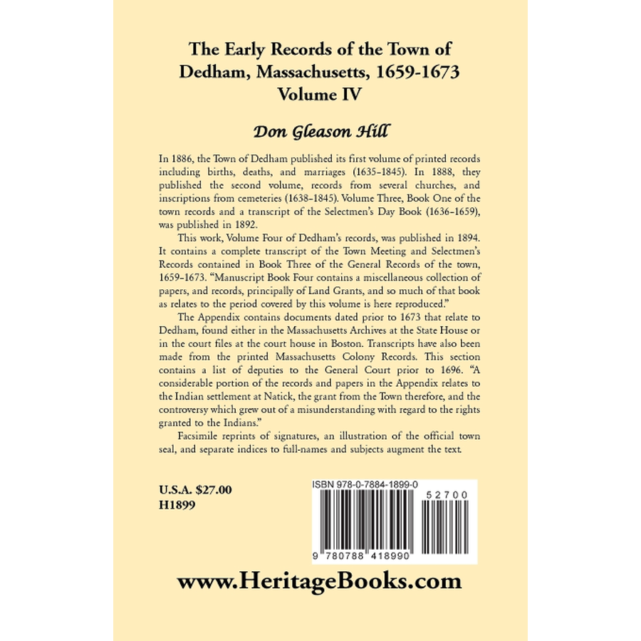 The Early Records of the Town of Dedham, Massachusetts, 1659-1673: Volume IV back cover