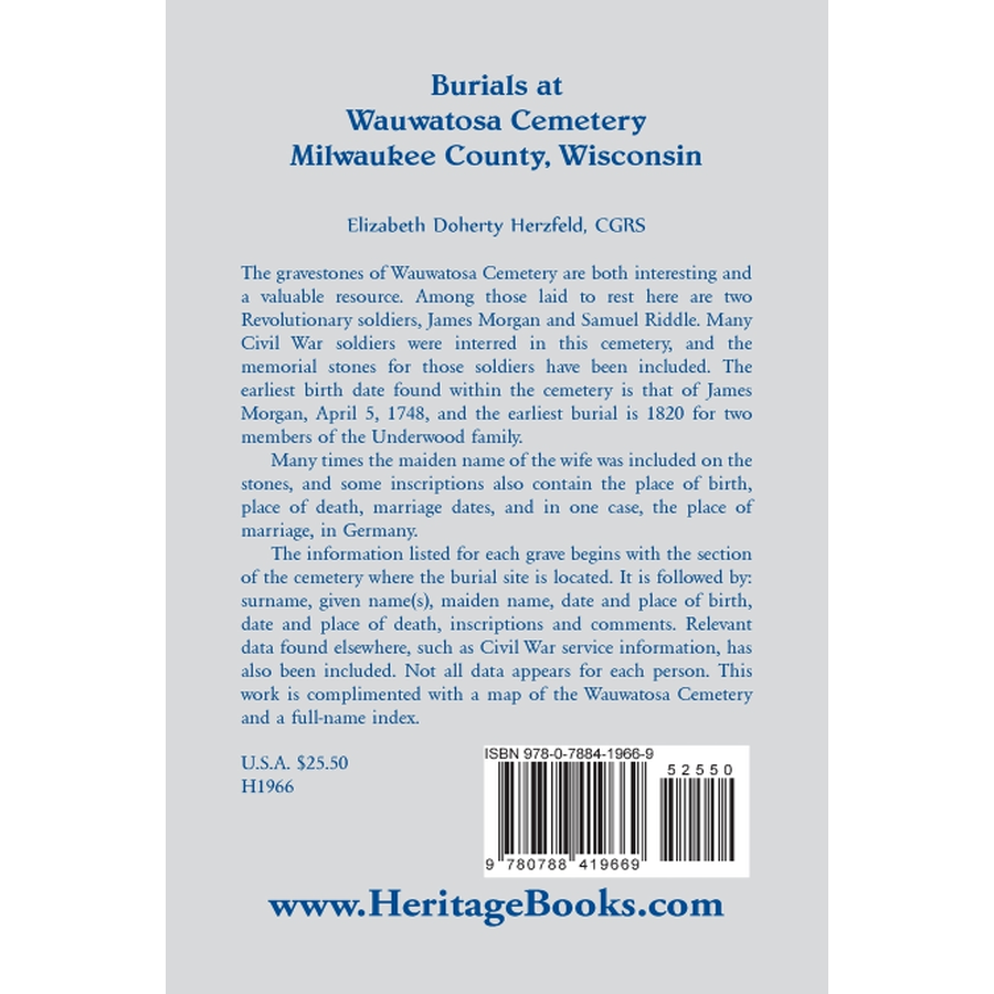 back cover of Burials at Wauwatosa Cemetery, Milwaukee County, Wisconsin