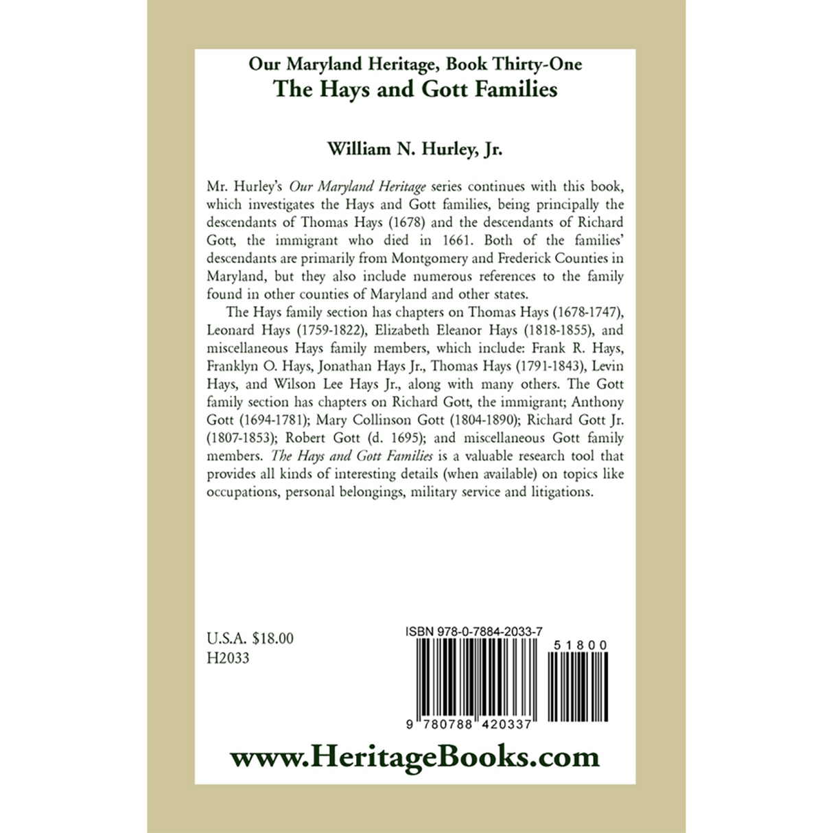 Our Maryland Heritage, Book 31: The Hays and Gott Families back cover