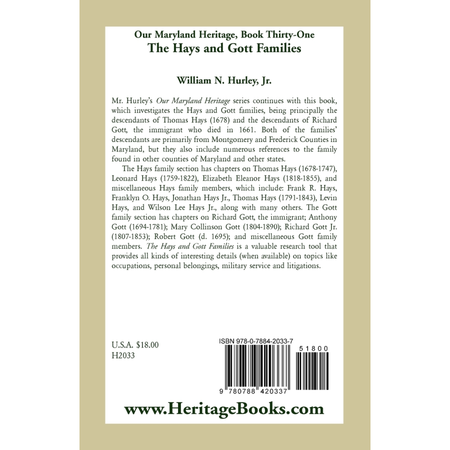 Our Maryland Heritage, Book 31: The Hays and Gott Families back cover