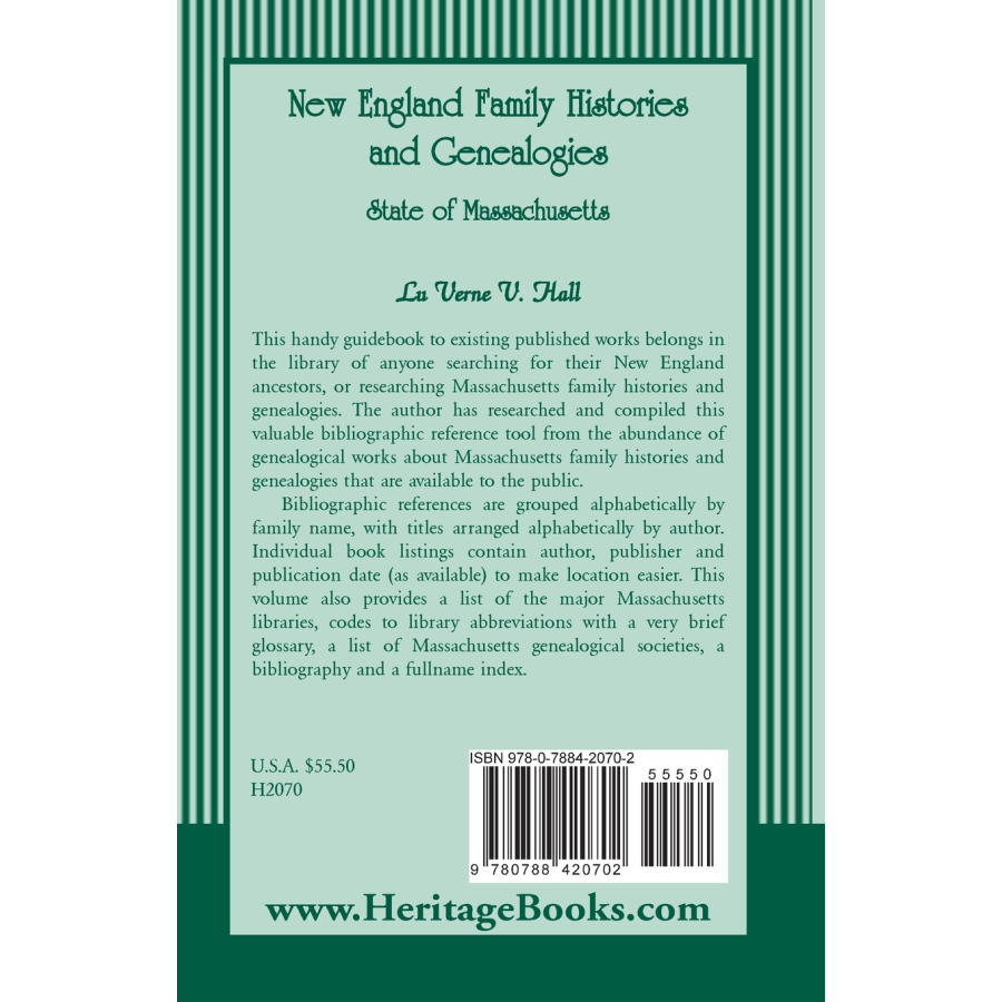 New England Family Histories and Genealogies: State of Massachusetts back cover