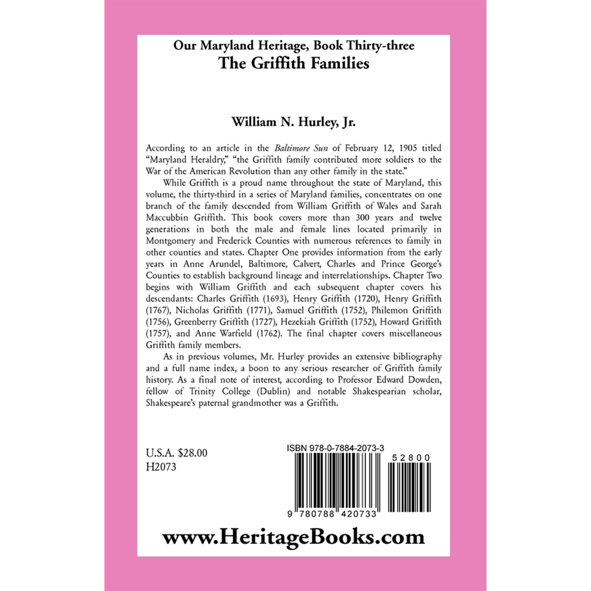 Our Maryland Heritage, Book 33: The Griffith Families back cover