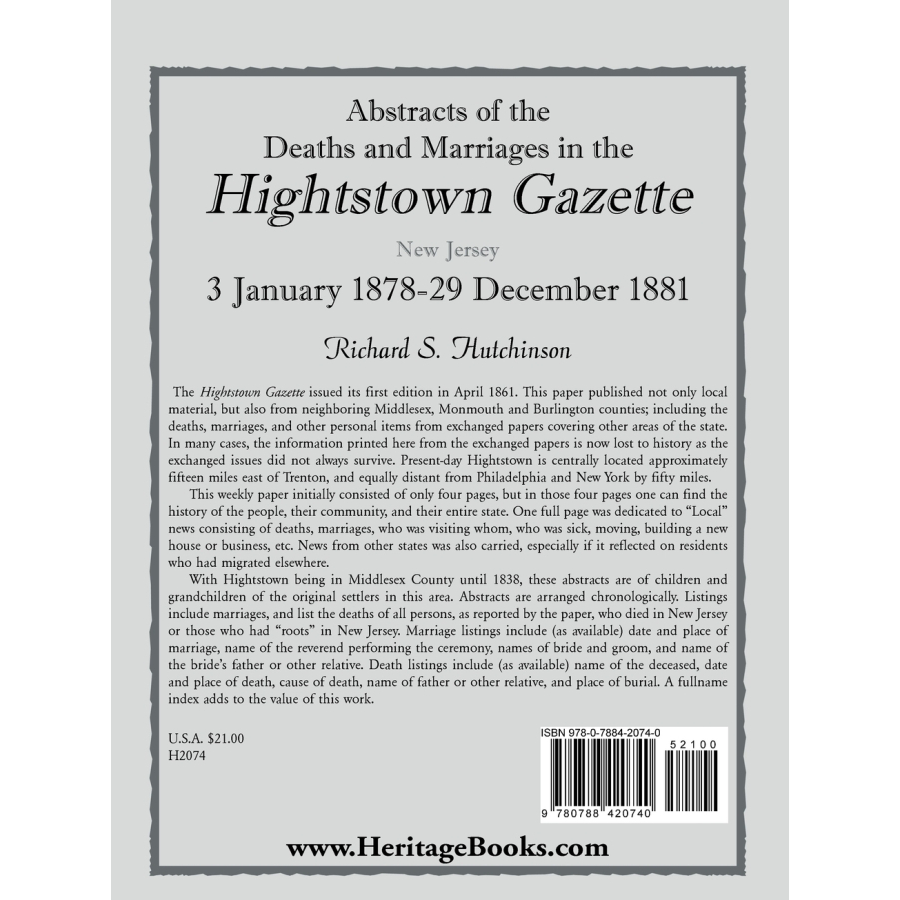 back cover of Abstracts of the Deaths and Marriages in the Hightstown Gazette, 3 January 1878-29 December 1881