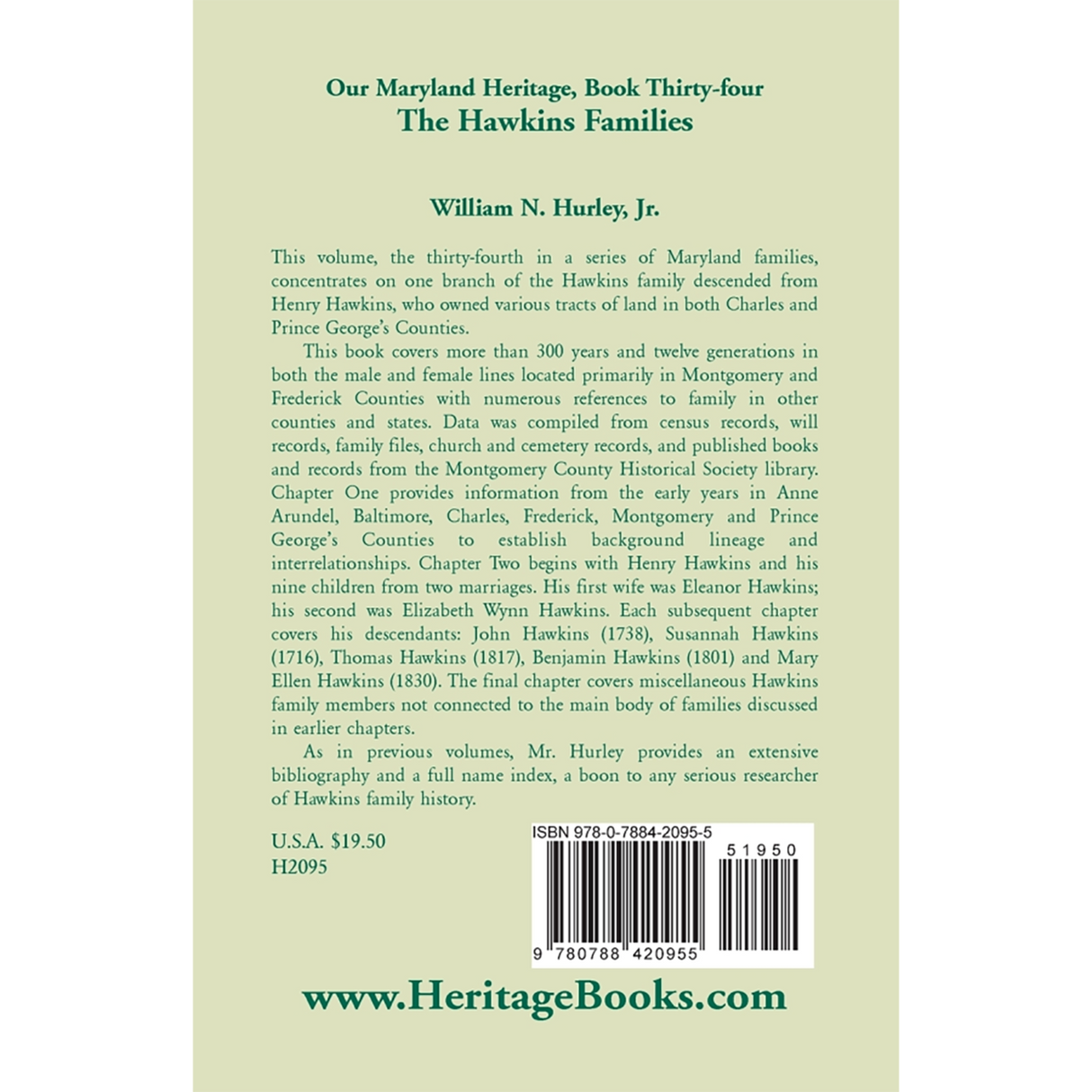 Our Maryland Heritage, Book 34 : The Hawkins Families back cover