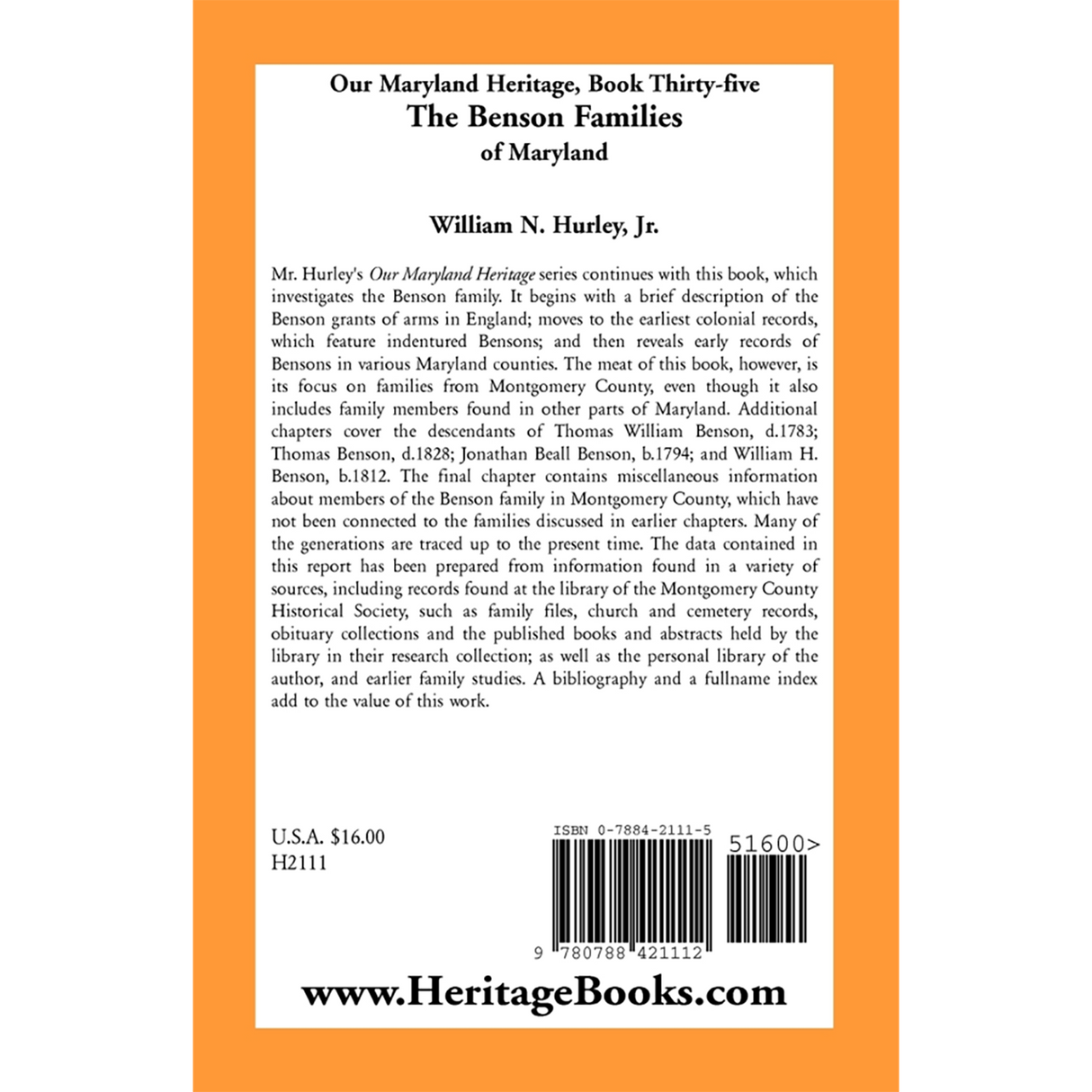 Our Maryland Heritage, Book 35: The Benson Families of Maryland back cover