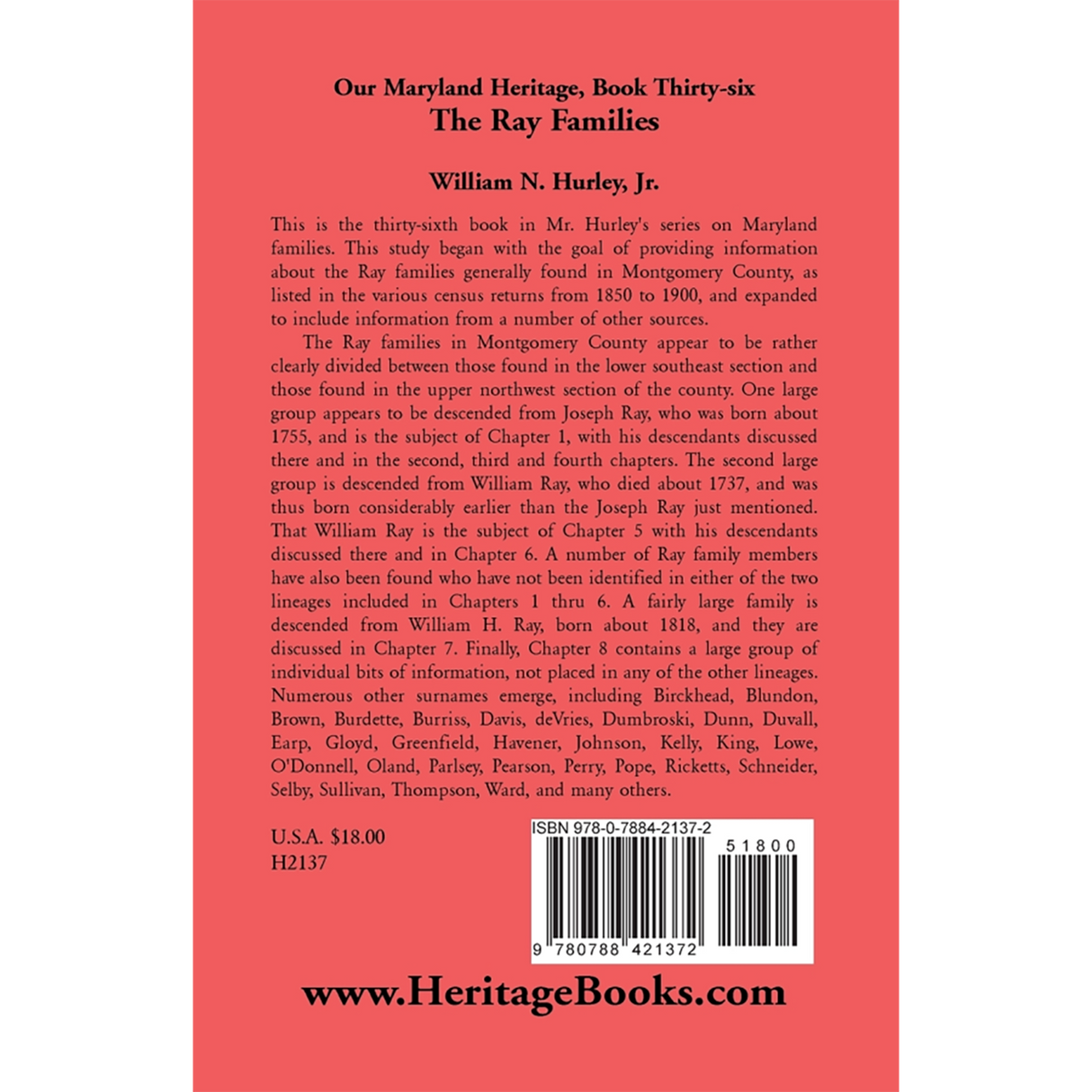 Our Maryland Heritage, Book 36: The Ray Families back cover