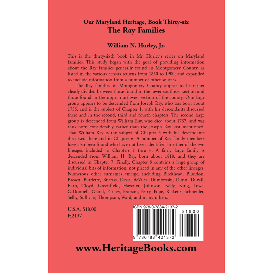 Our Maryland Heritage, Book 36: The Ray Families back cover