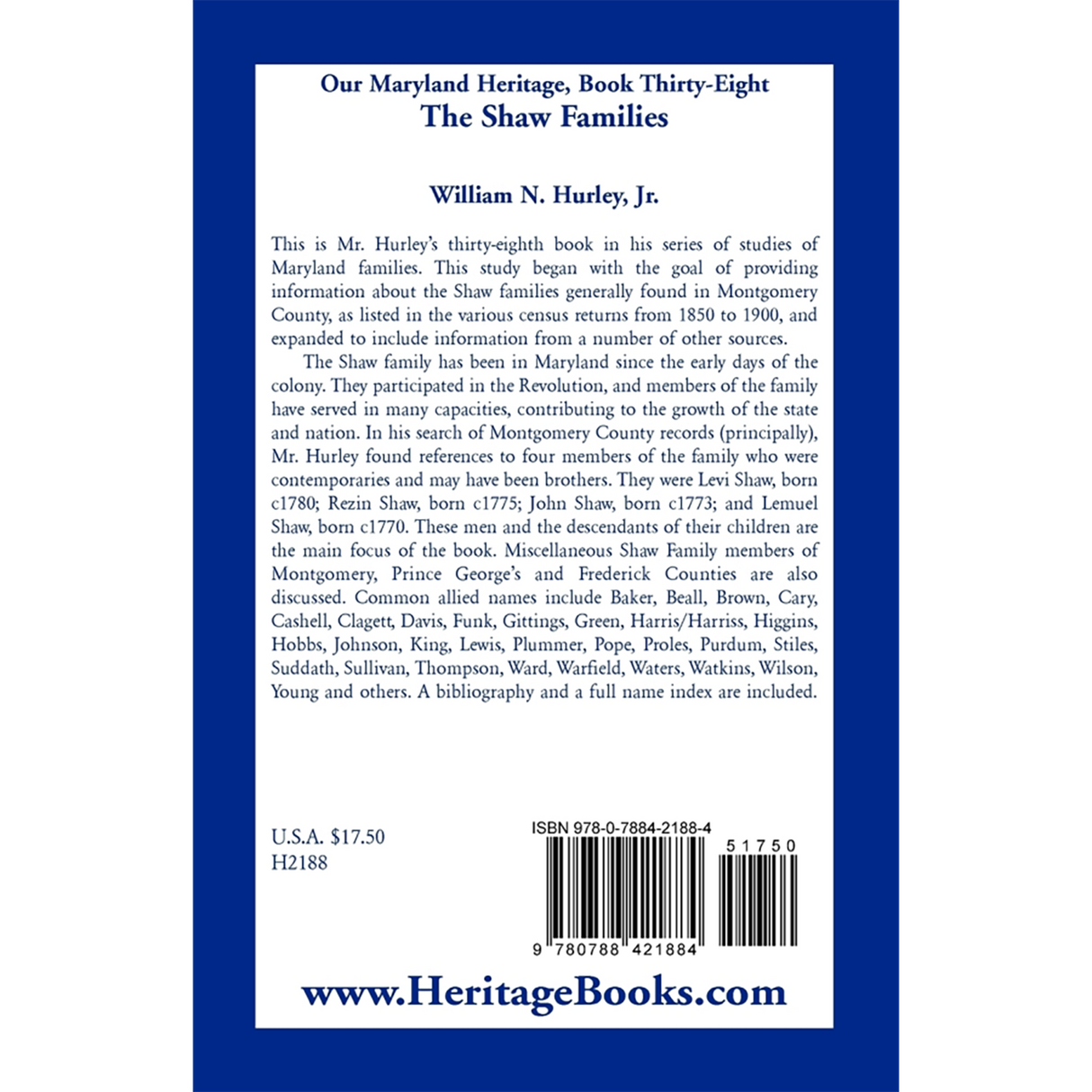 Our Maryland Heritage, Book 38: The Shaw Families back cover