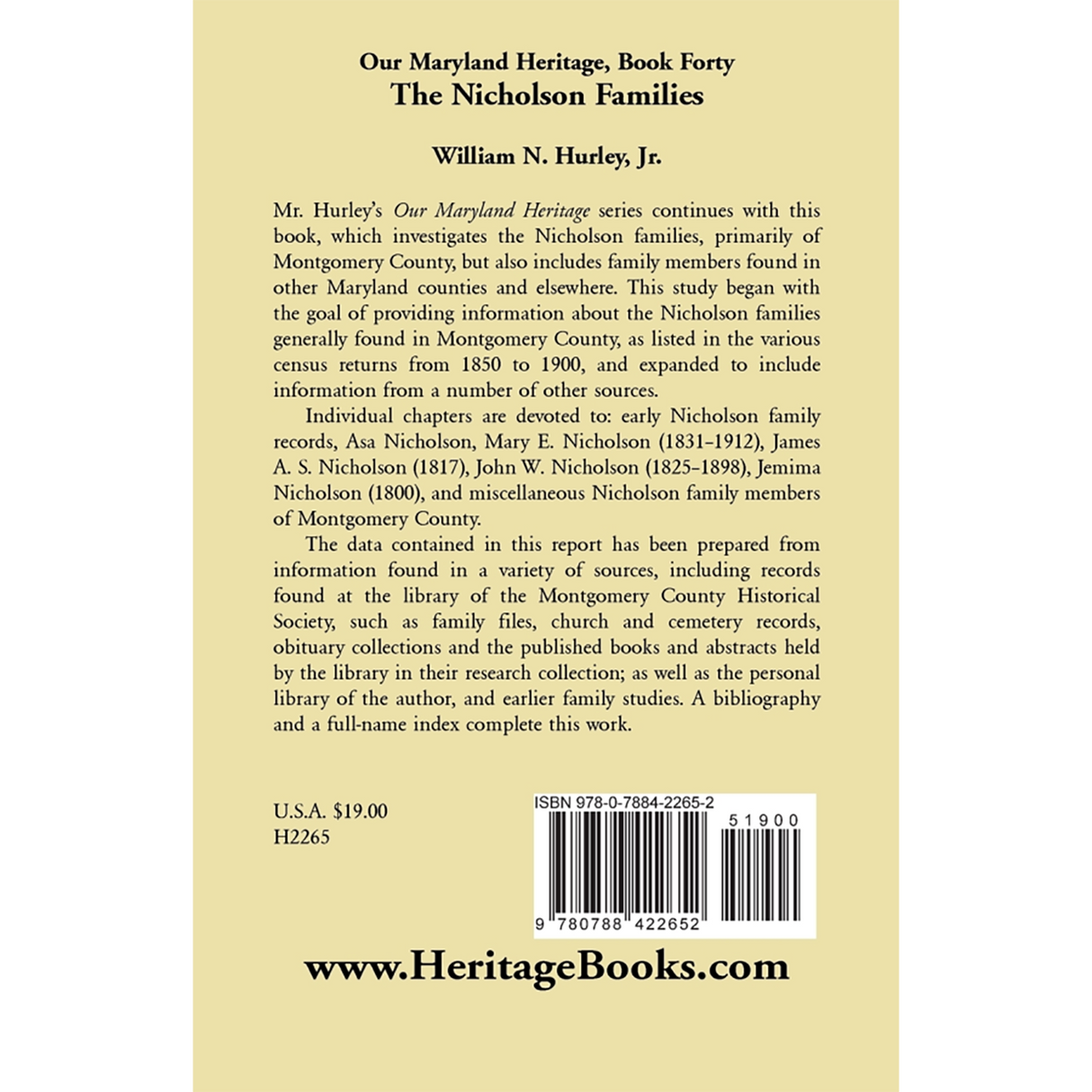 Our Maryland Heritage, Book 40: The Nicholson Families back cover