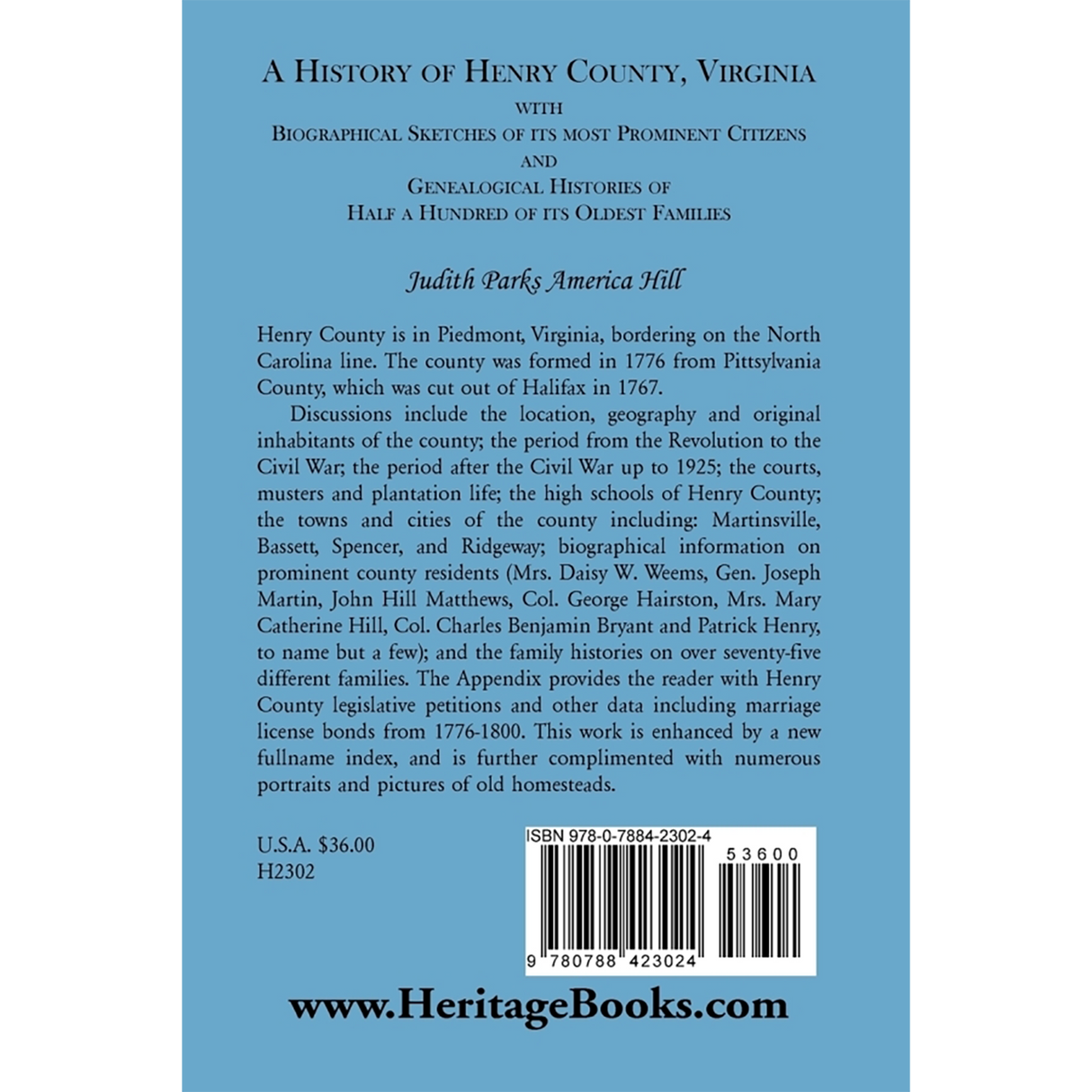 A History of Henry County, Virginia back cover
