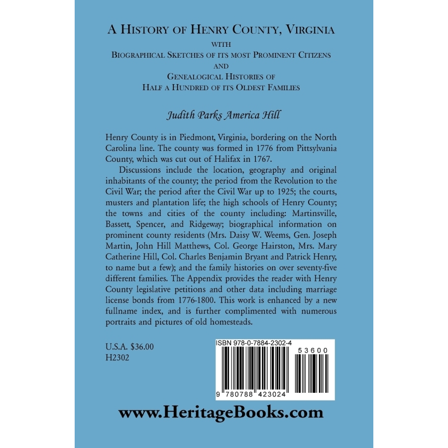 back cover of A History of Henry County, Virginia