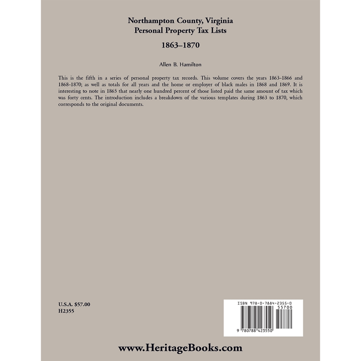 Northampton County, Virginia Personal Property Tax Lists, 1863-1870 back cover