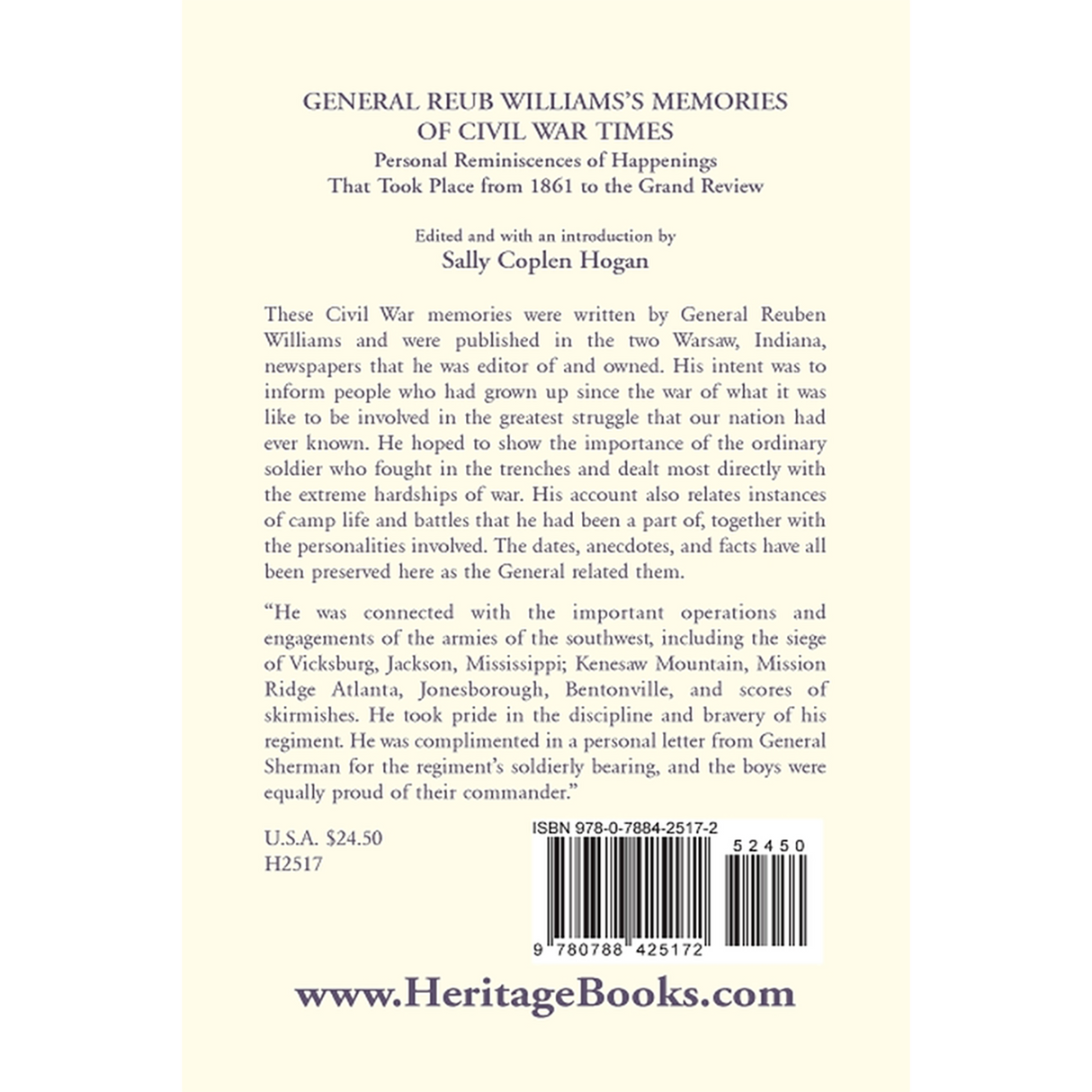 General Reub Williams's Memories of Civil War Times back cover