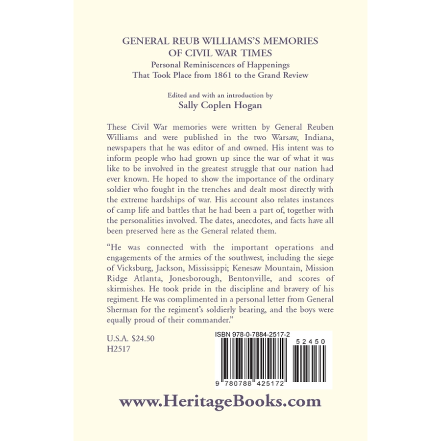 back cover of General Reub Williams's Memories of Civil War Times