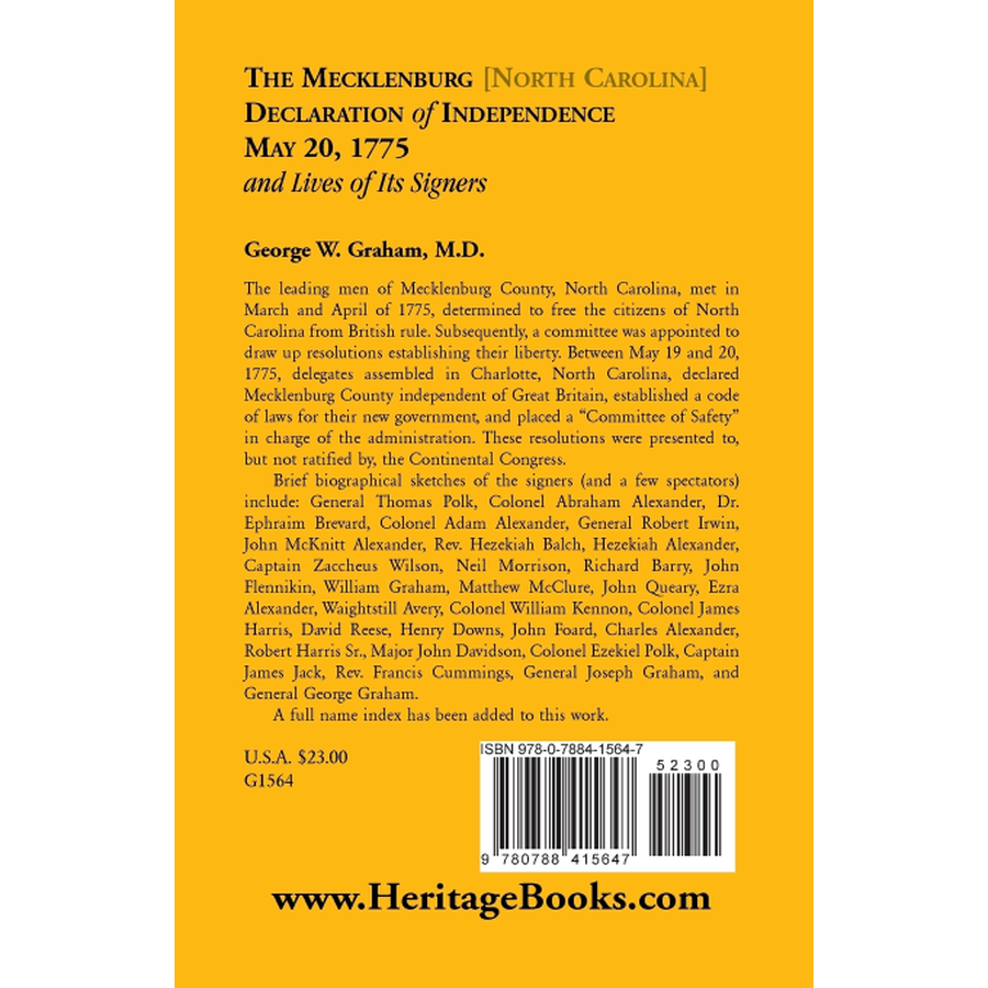 back cover of The Mecklenburg Declaration: Its Origin, History and Actors with a Bibliography of Its Literature, and Explanatory Documents