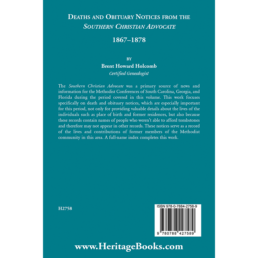 Deaths and Obituary Notices from the Southern Christian Advocate, 1867-1878 back cover