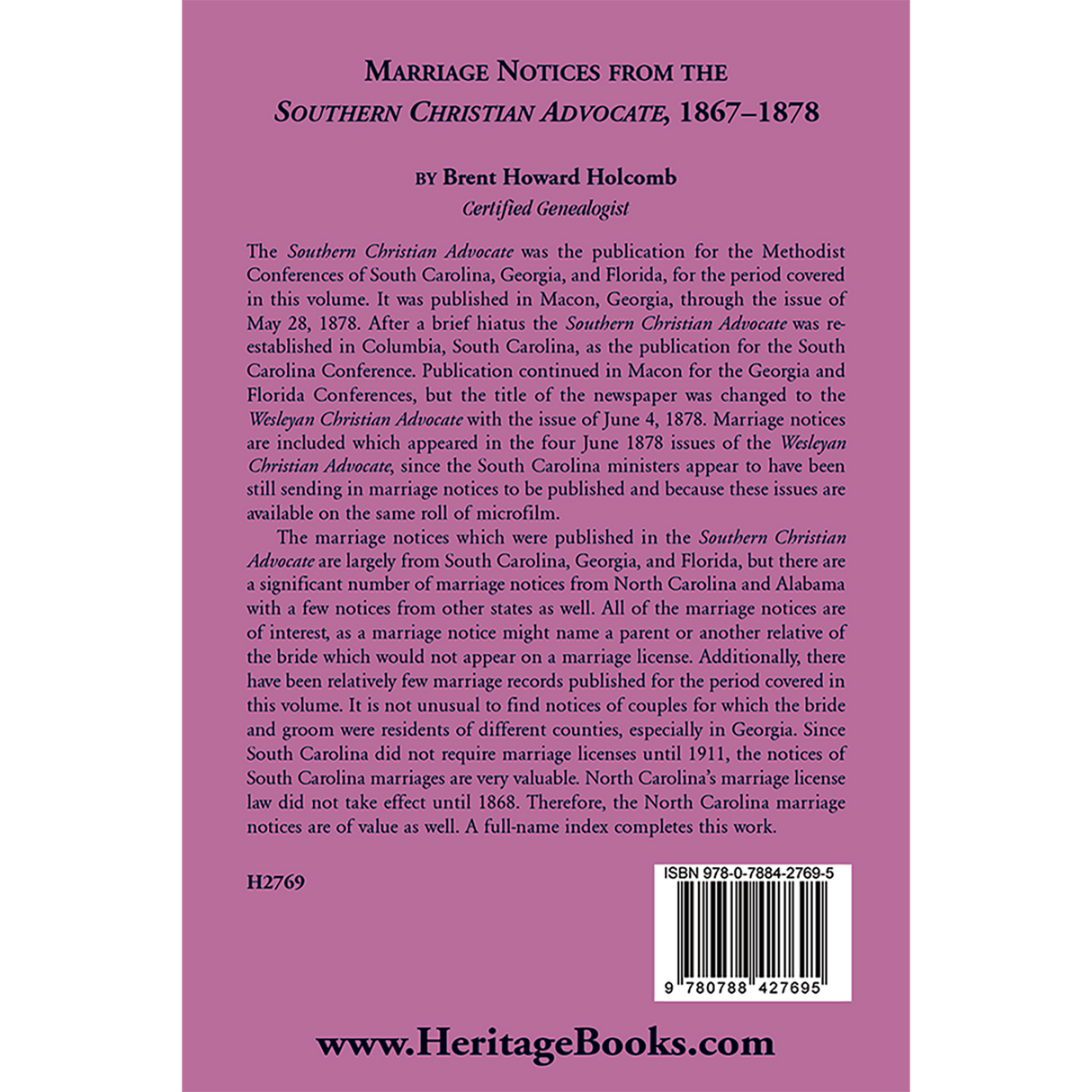 Marriage Notices from the Southern Christian Advocate, 1867-1878 back cover