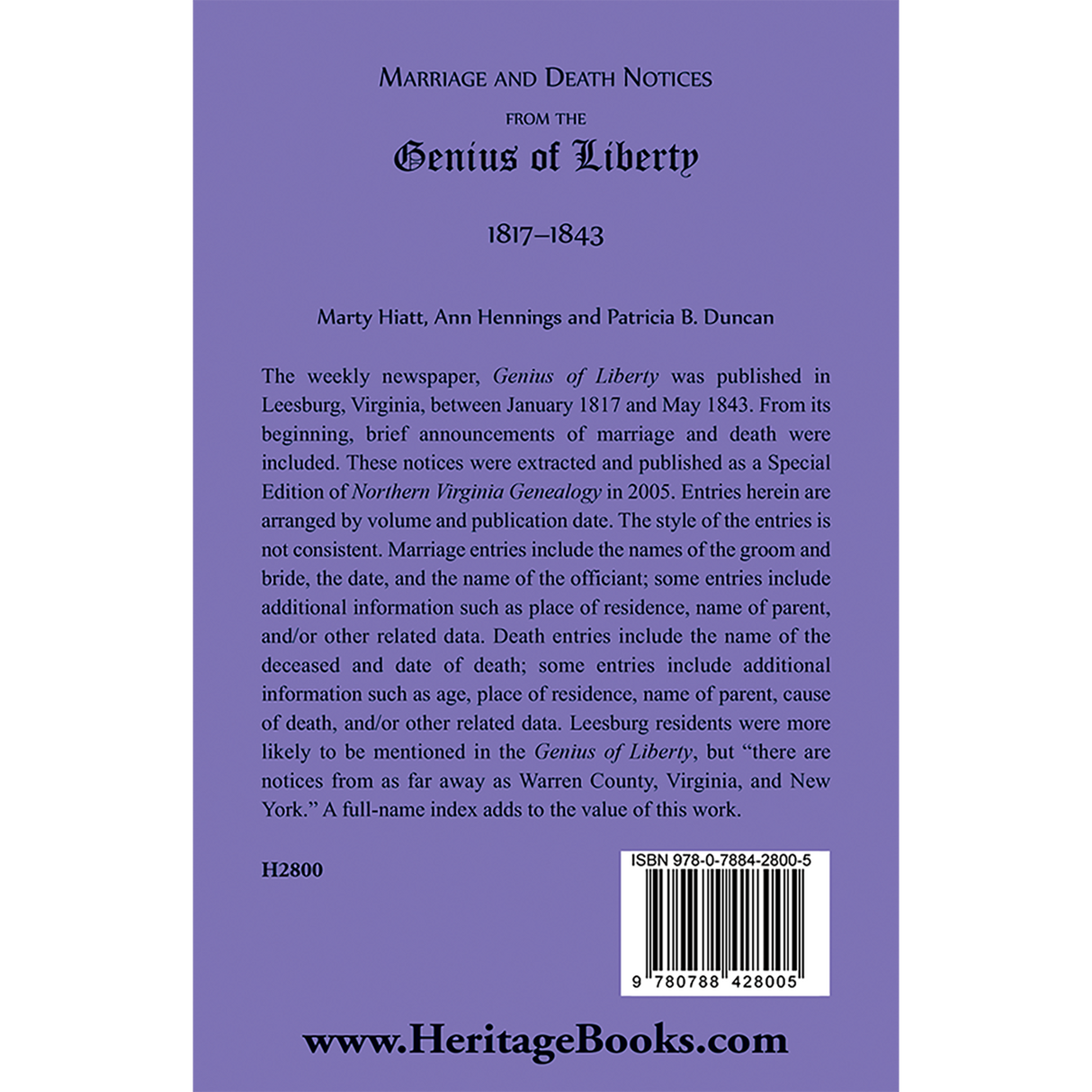 Marriage and Death Notices from the "Genius of Liberty", 1817-1843 back cover