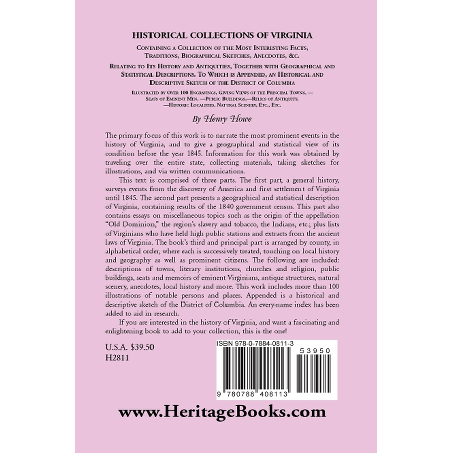 back cover of Historical Collections of Virginia: Containing a Collection of the Most Interesting Facts, Traditions, Biographical Sketches, Anecdotes, &c.