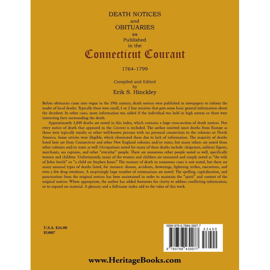Death Notices and Obituaries as Published in the Connecticut Courant, 1764-1799 back cover
