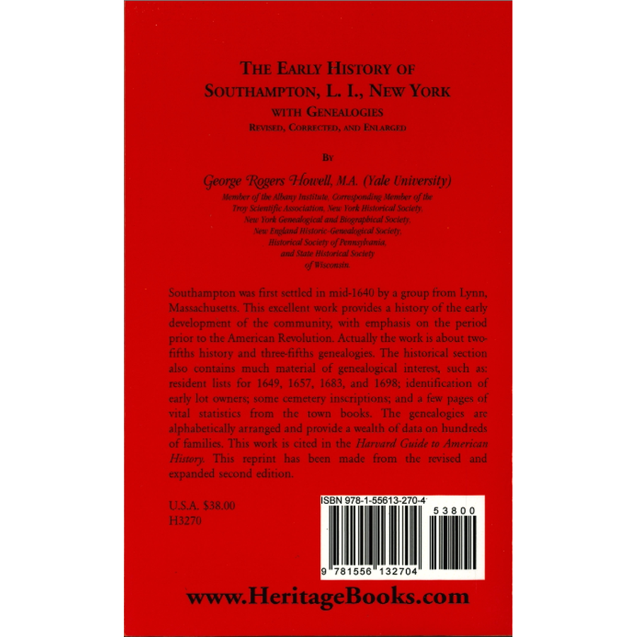 The Early History of Southampton, Long Island, New York, with Genealogies back cover
