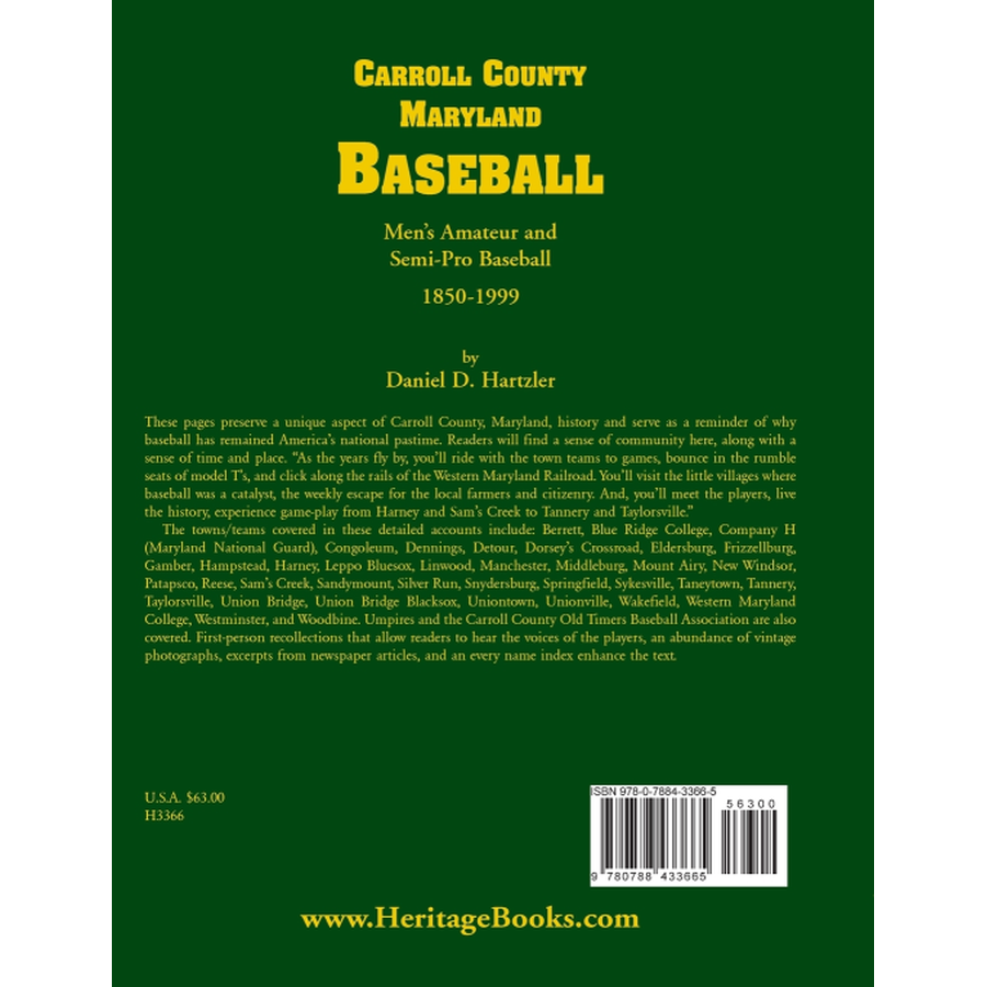 Carroll County, Maryland Baseball, Men's Amateur and Semi-Pro Baseball, 1850-1999 [cloth] back cover
