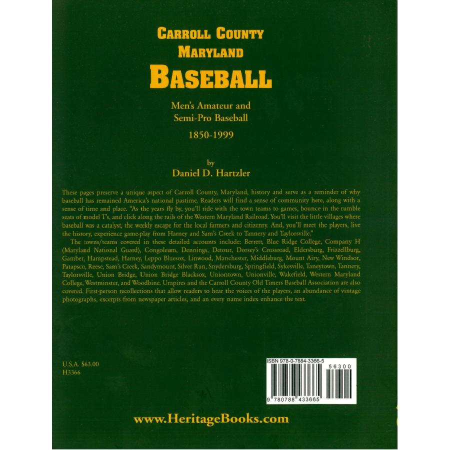 Carroll County, Maryland Baseball, Men's Amateur and Semi-Pro Baseball, 1850-1999 [paper] back cover