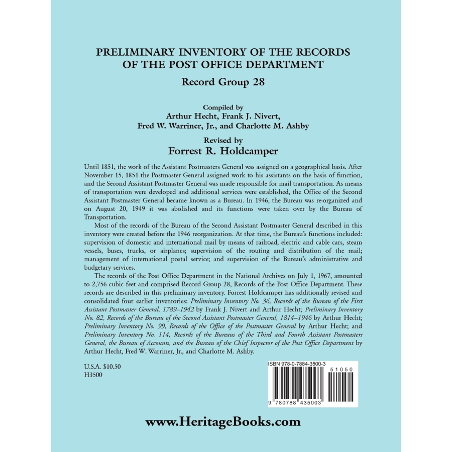 Preliminary Inventory of the Records of the Post Office Department, Record Group 28 back cover