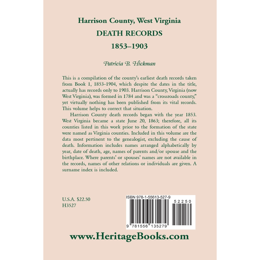 back cover of Harrison County, West Virginia, Death Records, 1853-1903