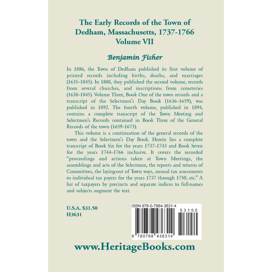 The Early Records of the Town of Dedham, Massachusetts, Volume VII: 1737-1766 back cover