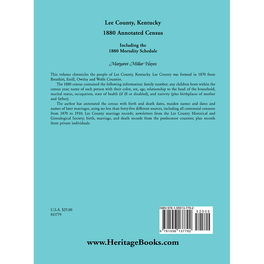 Lee County, Kentucky 1880 Annotated Census, Including the 1880 Mortality Schedule back cover