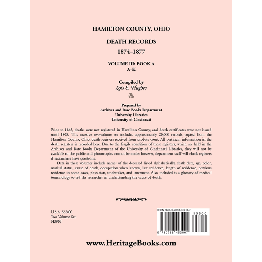 Hamilton County, Ohio Death Records Volume III 1874-1877 Part A back cover