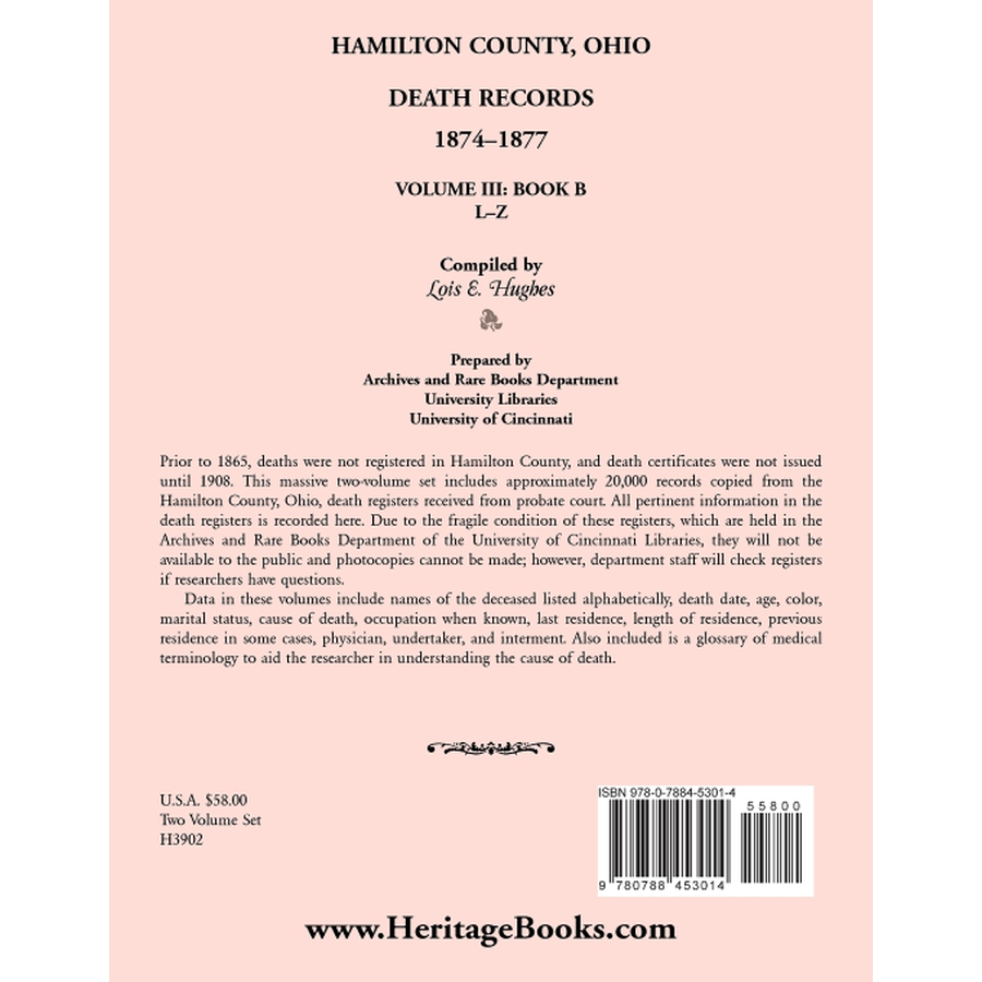 back cover of Hamilton County, Ohio Death Records Volume III 1874-1877 Part B