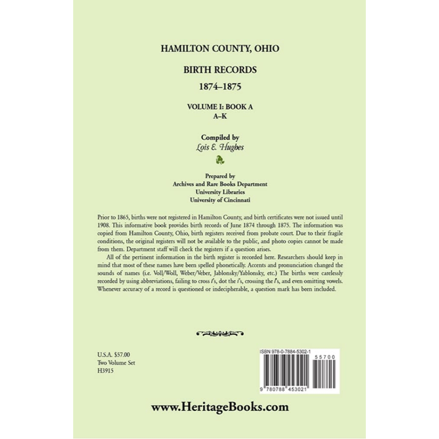 Hamilton County, Ohio Birth Records 1874-1875, Volume 1