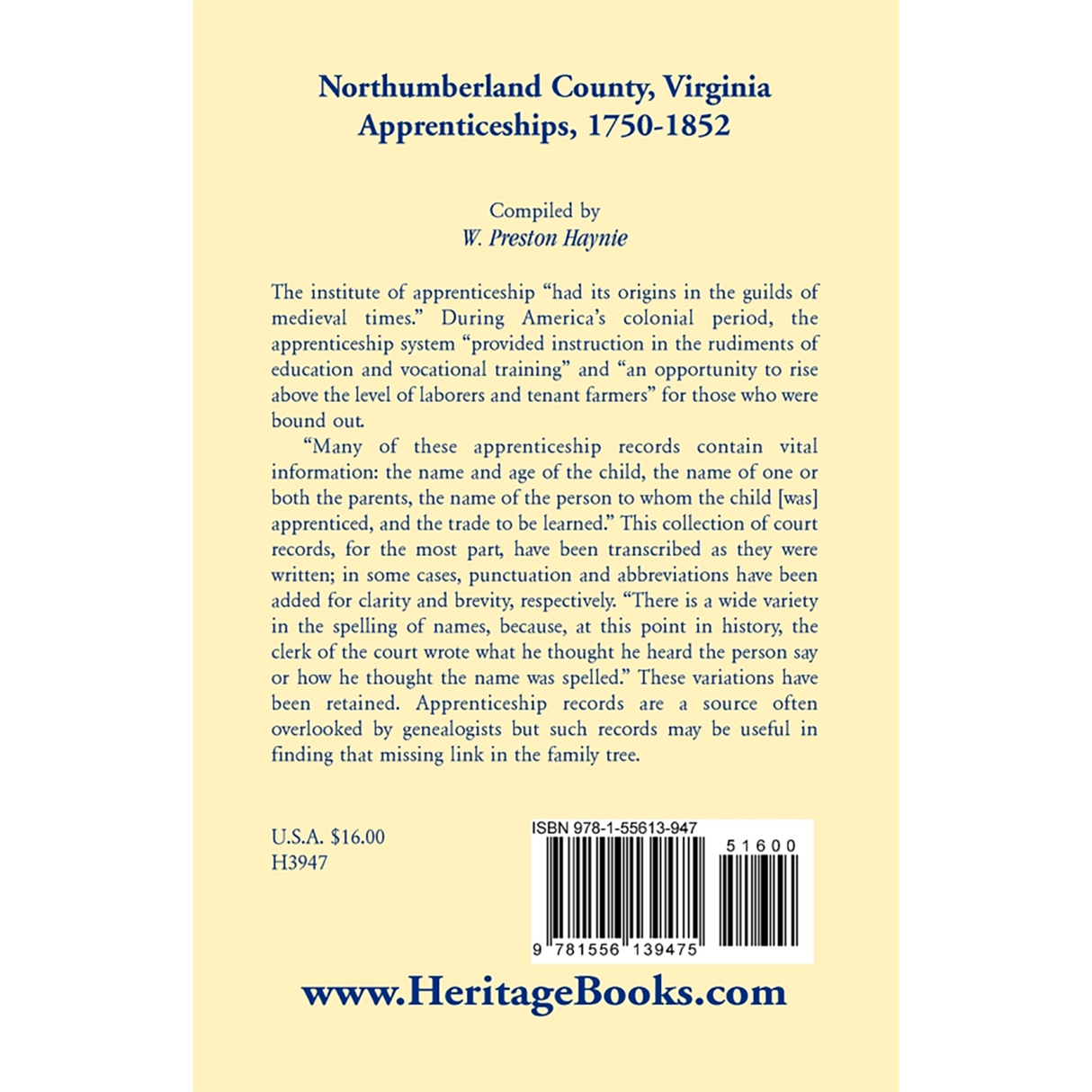 Northumberland County, Virginia Apprenticeships, 1750-1852 back cover