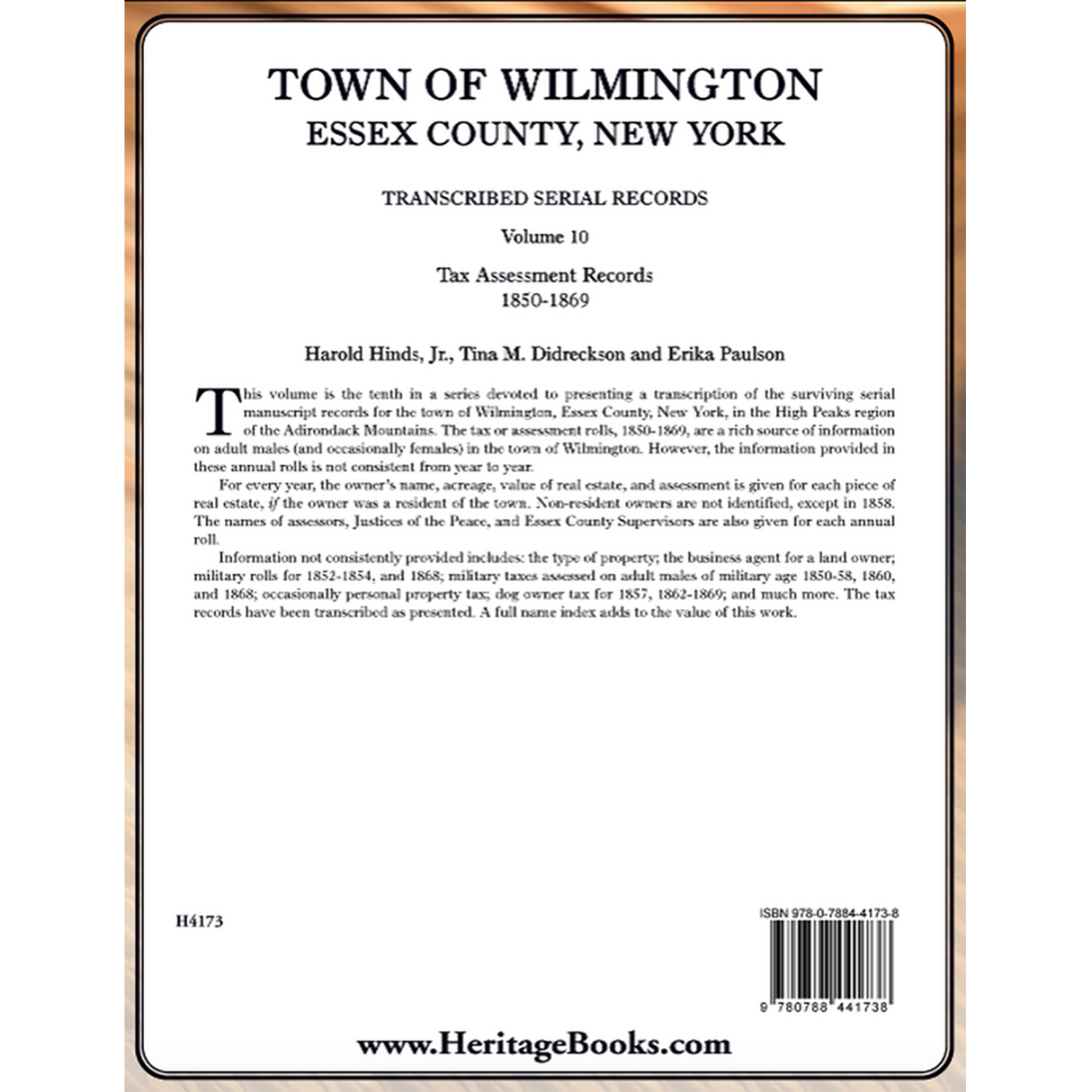 Town of Wilmington, Essex County, New York Transcribed Serial Records, Volume 10: Tax Assessment Records, 1850-1869 back cover